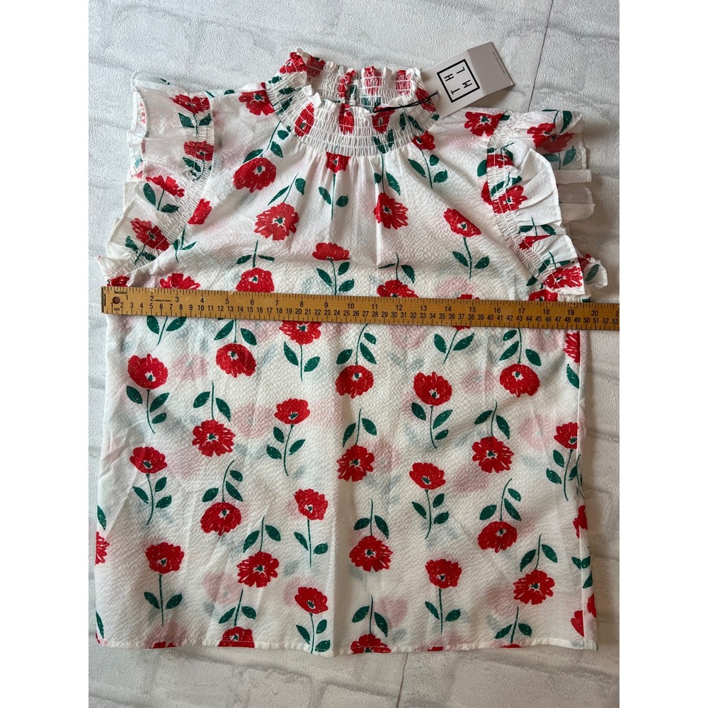NWT THML Floral Smocked High Neck Ruffle Sleeve Top Red White Small Cottagecore - Picture 9 of 10